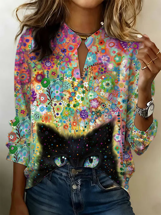 Chemise longue à manches longues en lin pour femmes, imprimé fleurs sur le thème des chats, amusant