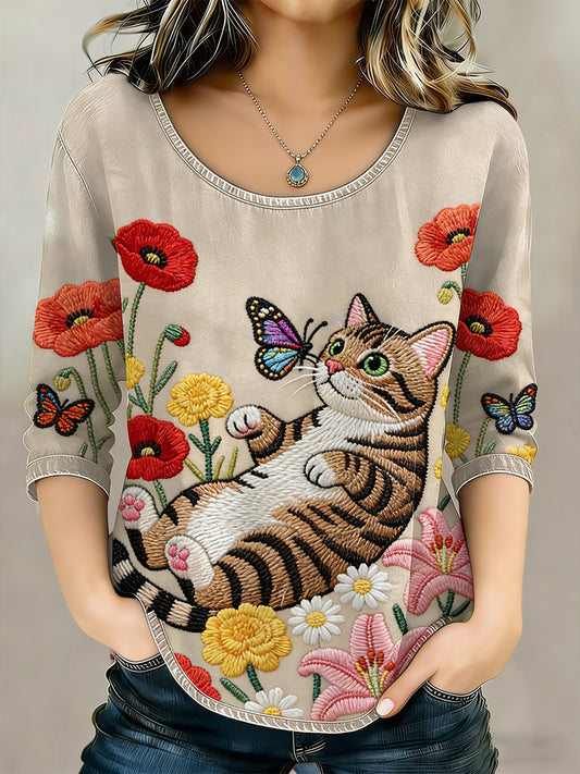 T-shirt en lin imprimé fleurs sur le thème des chats pour femmes