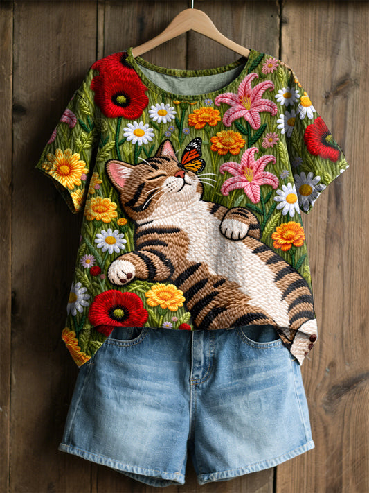 T-shirt femme en lin à manches courtes, motif amusant de chats et fleurs