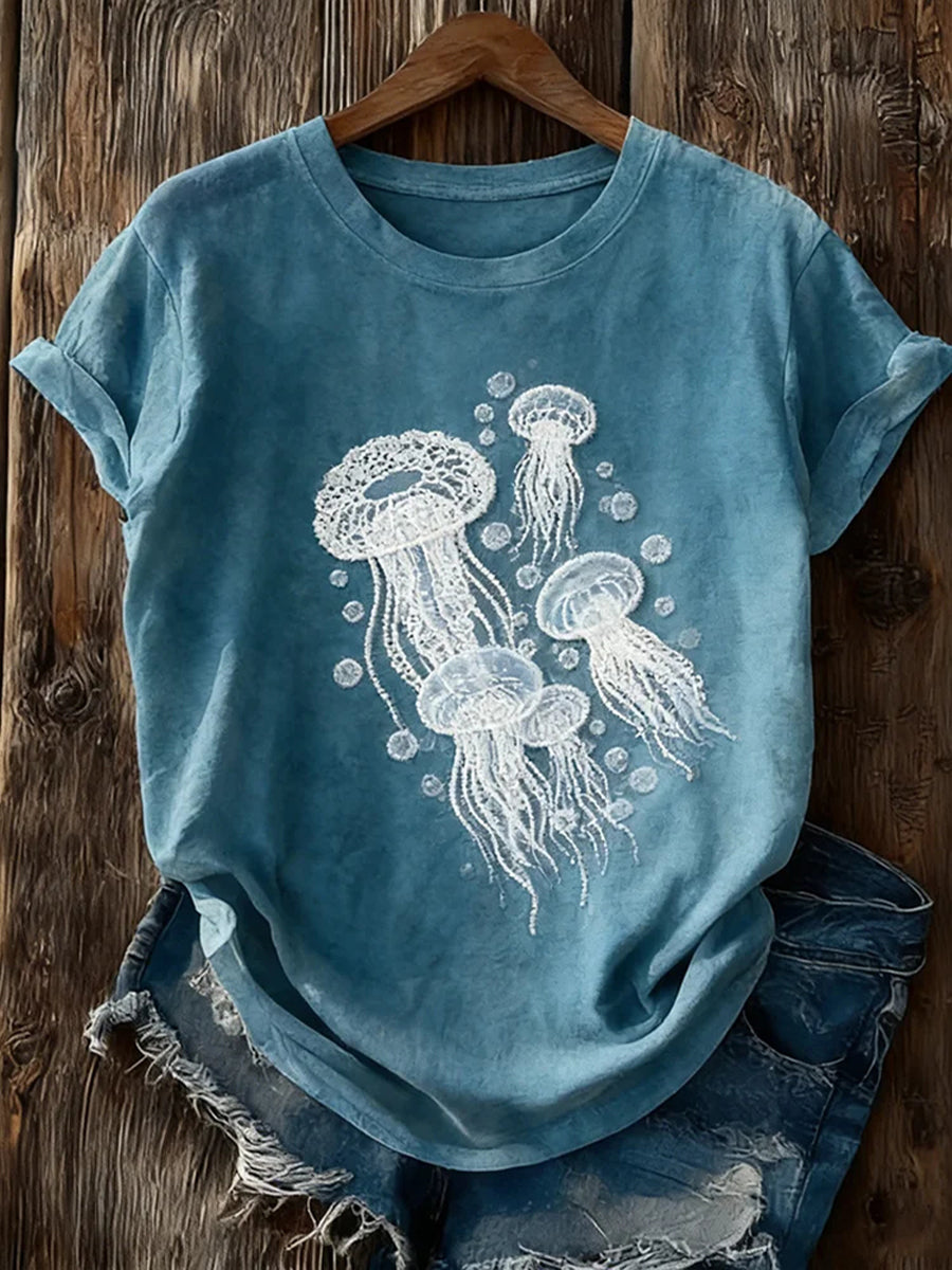 Élégant dentelle Patchwork Marine Méduse Motif lavé T-Shirt des femmes