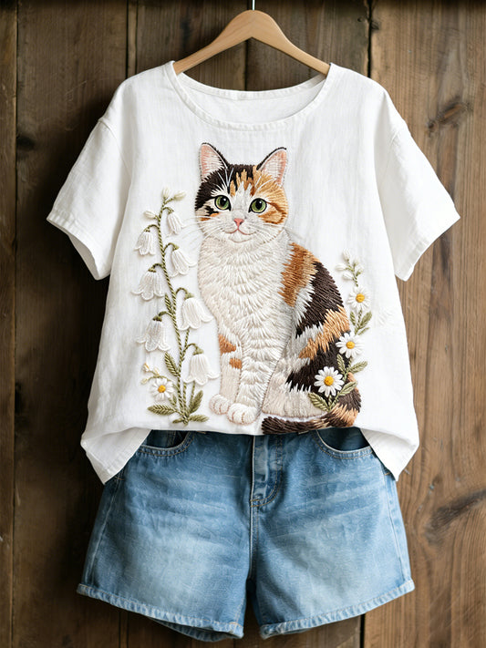 T-shirt à manches courtes en lin à imprimé fleurs amusantes pour femmes