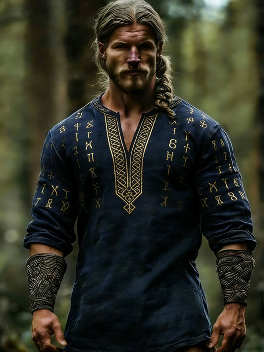 T-shirt col en V à manches longues Viking-Themed Print Homme