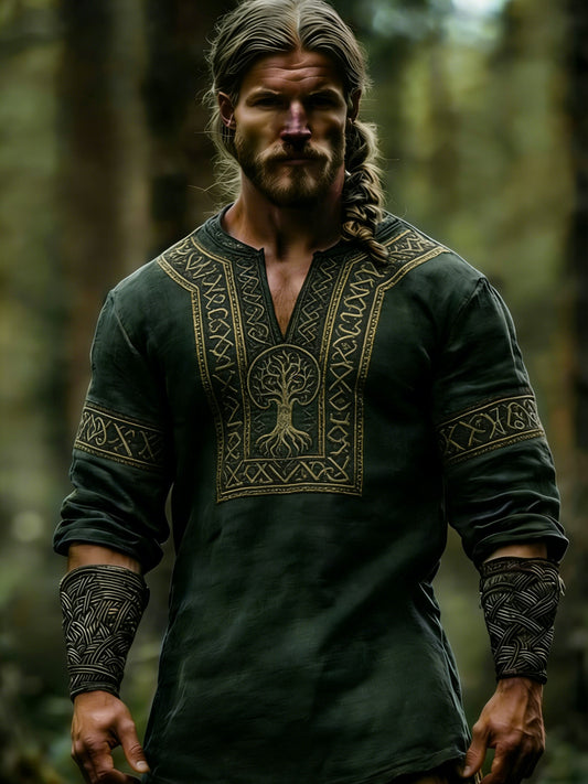 T-shirt à manches longues et col en V pour hommes, à imprimé sur le thème des Vikings