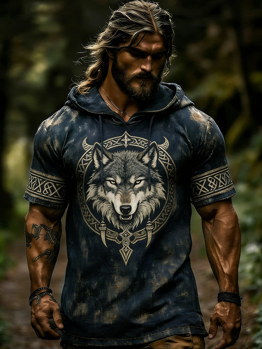 Sweat-shirt à capuche manches courtes pour hommes, imprimé viking