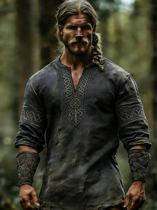 T-shirt à manches longues et col en V pour hommes, à imprimé sur le thème des Vikings
