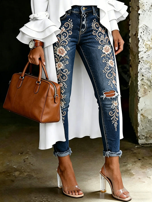 Jeans pour femmes à imprimé floral artistique