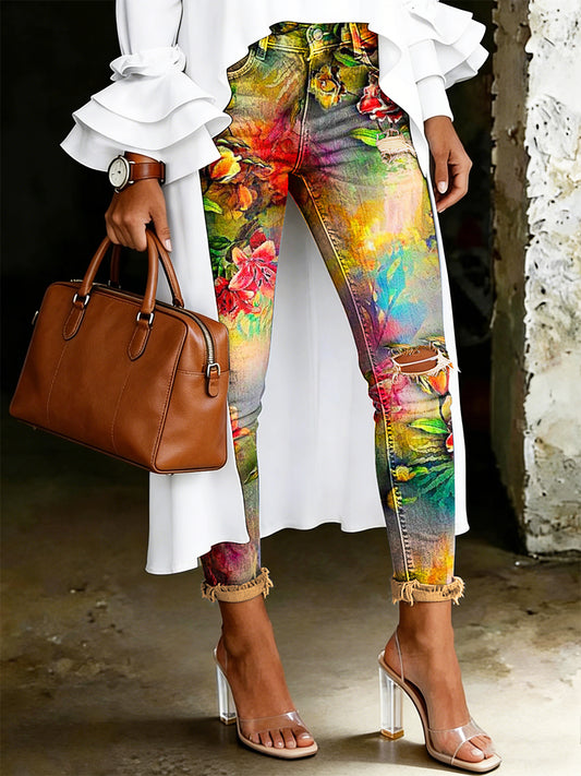 Jeans pour femmes à imprimé floral artistique