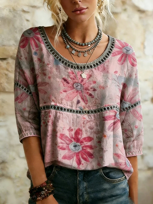 Top décontracté vintage pour femme, style western, imprimé plantes et fleurs