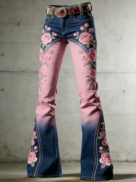 Pantalon évasé pour femme avec imprimé floral artistique