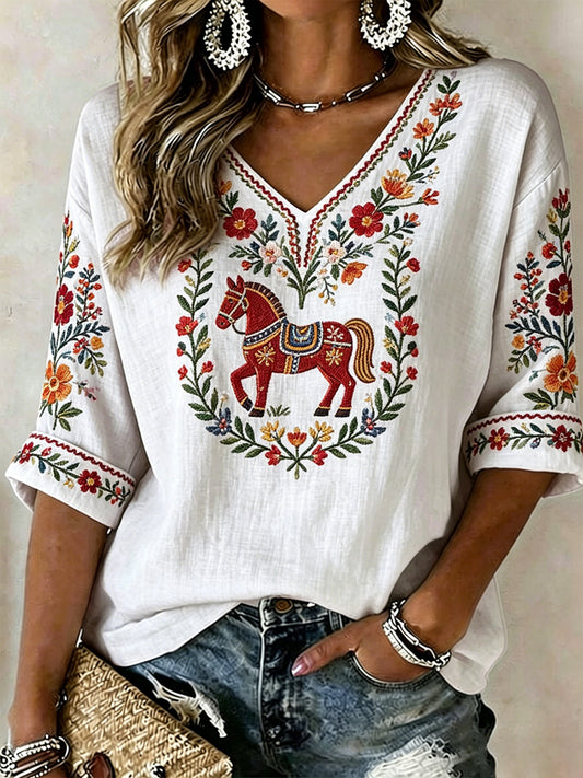 T-shirt décontracté imprimé suédois Midsummer pour femmes