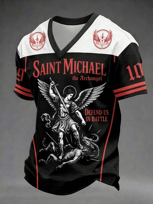 T-shirt à col en V imprimé Archange pour hommes