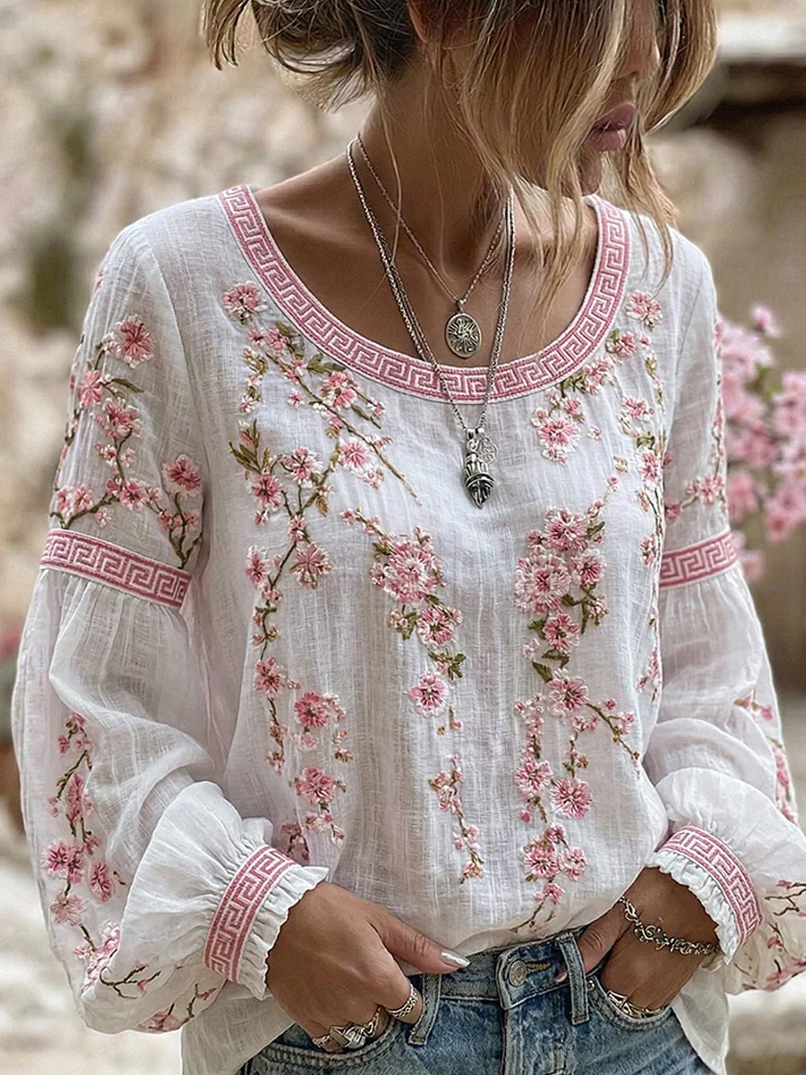 Haut décontracté pour femme, style vintage, en coton et lin, avec broderie florale et patchwork imprimé