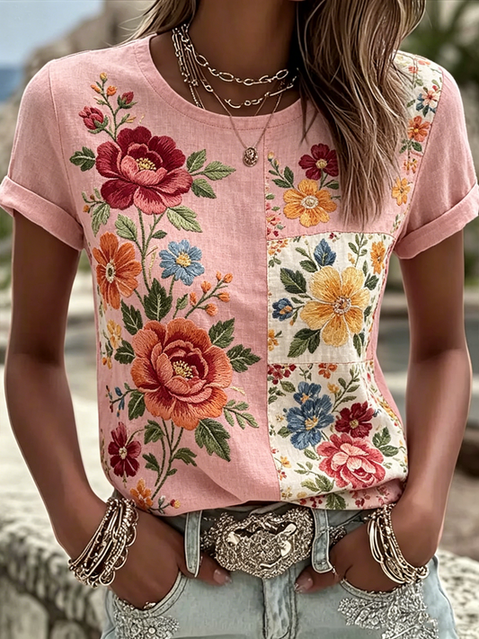 T-shirt femme en lin à manches courtes avec imprimé floral