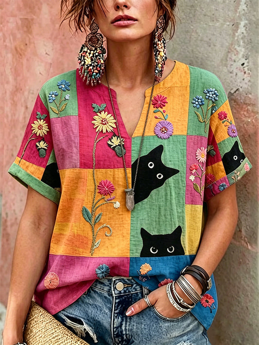 Chemise décontractée rétro à imprimé fleurs et chats pour femmes