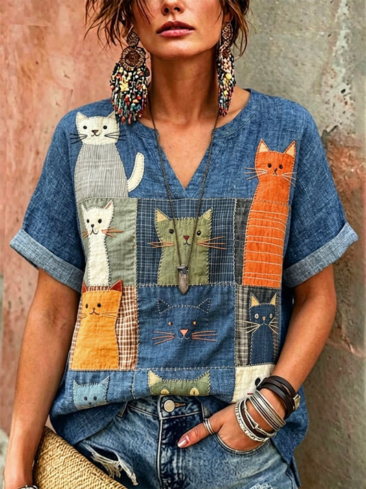 Chemise décontractée rétro pour femmes avec imprimé chats
