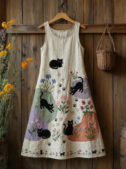 Robe mi-longue décontractée sans manches pour femme, style rétro, imprimé fleurs et chats