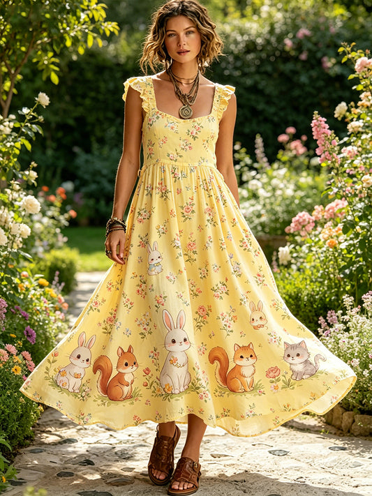 Robe pastorale pour femme avec imprimé animalier et floral