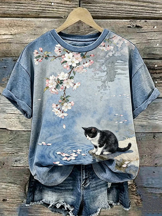 T-shirt mignon pour femmes avec imprimé de chat