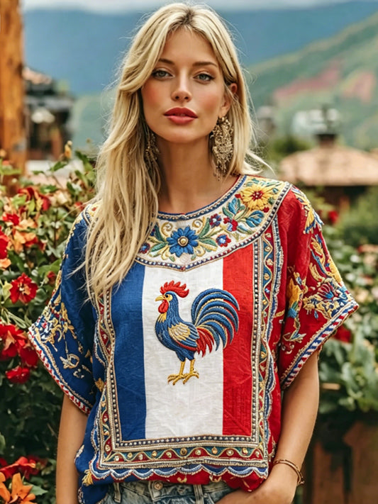 T-shirt en coton et lin orné d'une broderie représentant le drapeau français et le coq gaulois