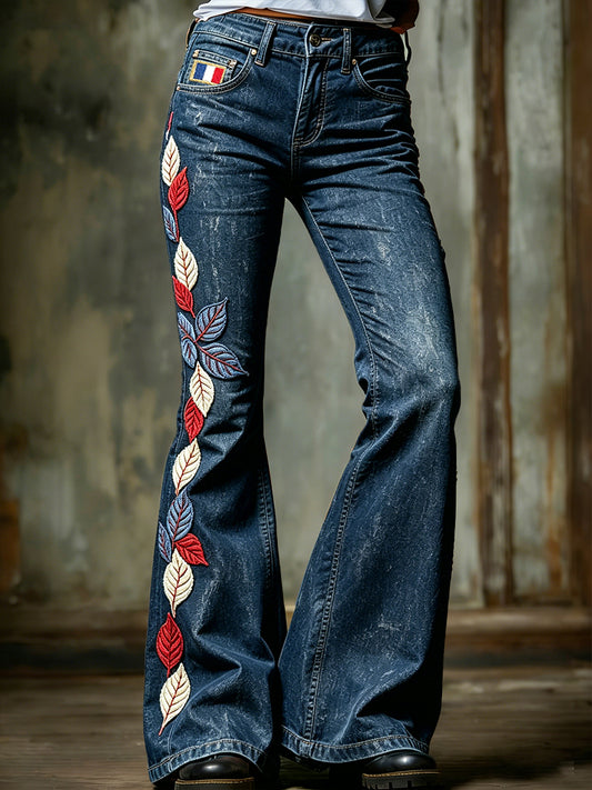 Pantalon évasé vintage bleu à imprimé français pour femme, décontracté et à la mode