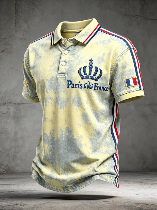 Polo décontracté à manches courtes pour hommes, imprimé texte «Paris », style français