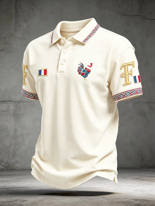 Polo décontracté à manches courtes pour homme, couleur blanc cassé, motif coq français