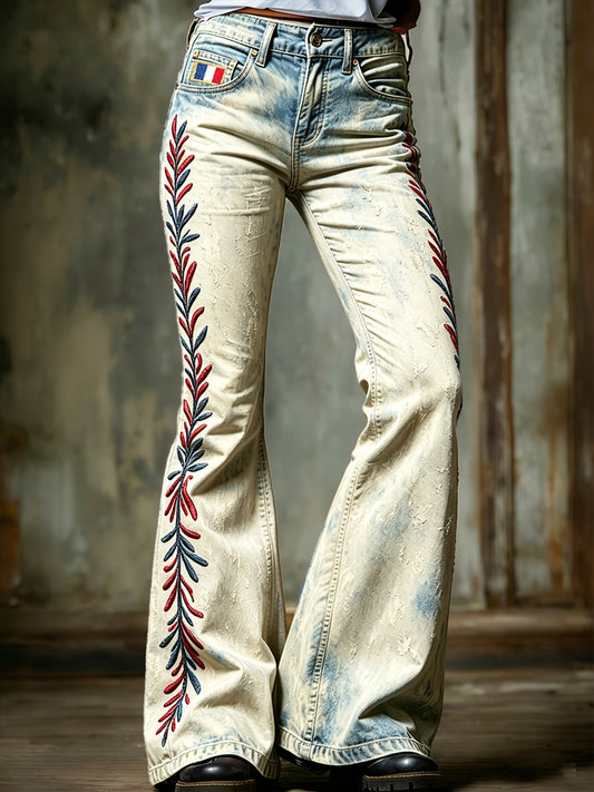 Pantalon évasé pour femme, style vintage français, imprimé délavé, décontracté et tendance