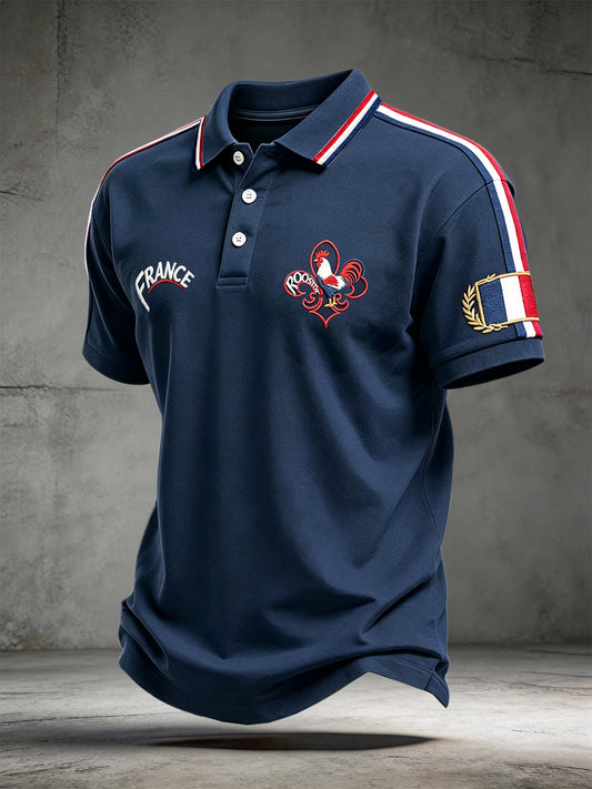 Polo décontracté de business pour homme, bleu, à manches courtes, avec imprimé coq français