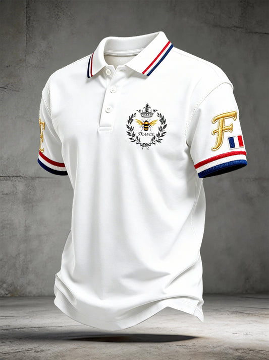 Polo homme blanc à manches courtes, décontracté et professionnel, avec imprimé français