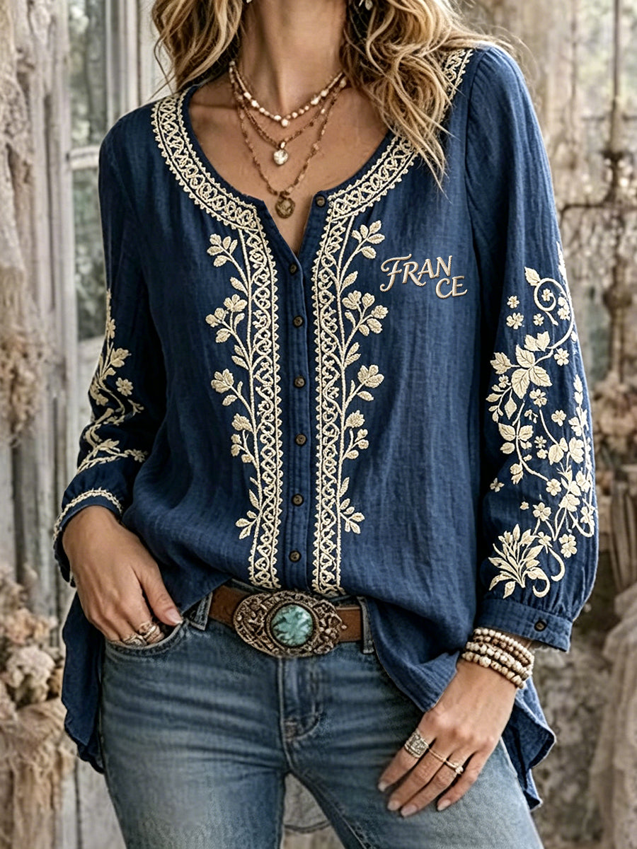 Chemise décontractée pour femme, bleu marine, style français, imprimé floral, en coton-lin, à manches longues