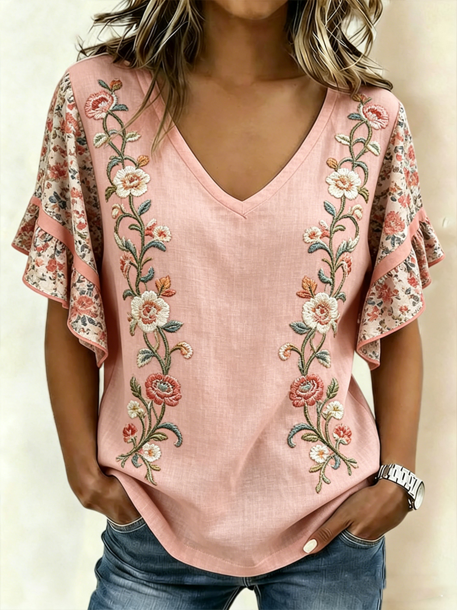 T-shirt rose à manches courtes pour femmes, imprimé floral