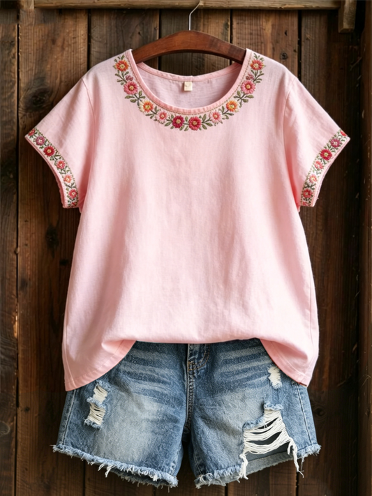T-shirt rose en lin à manches courtes pour femmes, imprimé floral