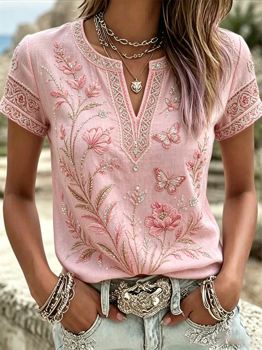 T-shirt décontracté à col en V pour femmes, imprimé de fleurs roses, contre le cancer du sein