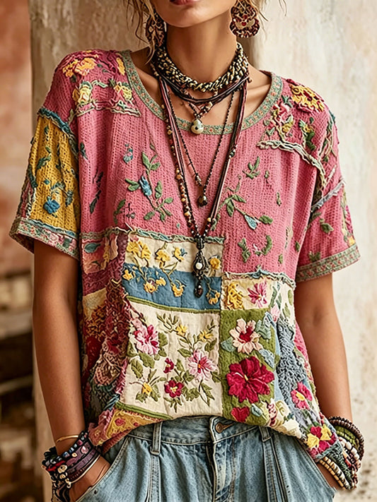T-shirt décontracté à imprimé floral rose pour femme