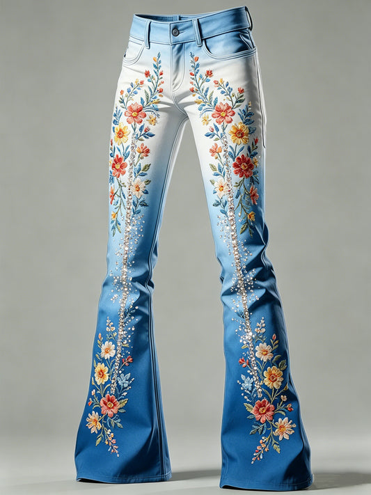 Pantalon évasé pour femme avec imprimé floral artistique
