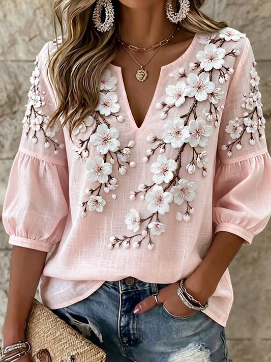 Haut décontracté en coton-lin pour femme, imprimé floral rétro