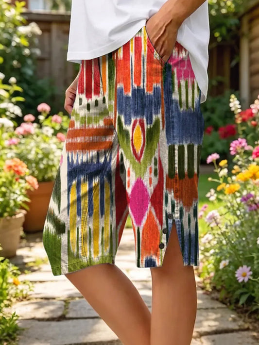 Pantalon mi-long en coton et lin à motifs floraux pour femme
