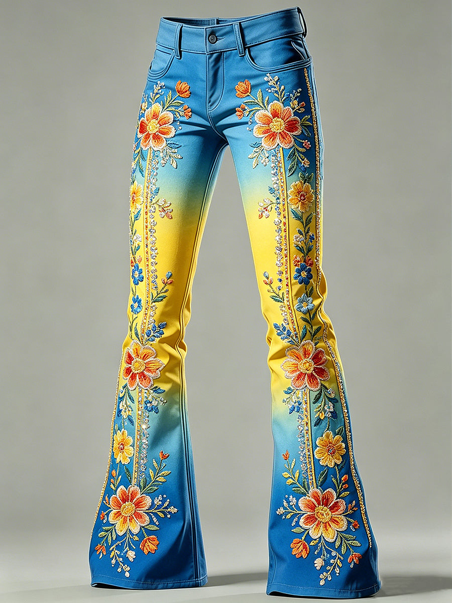 Pantalon évasé pour femme avec imprimé floral artistique