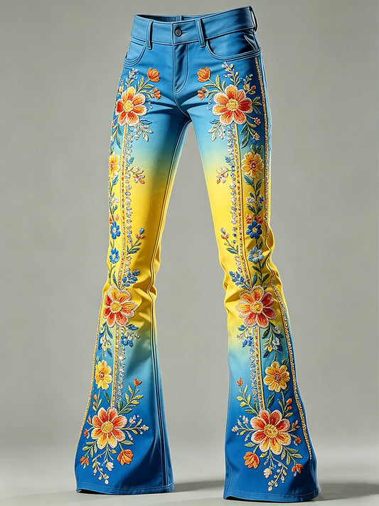 Pantalon évasé pour femme avec imprimé floral artistique