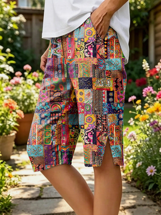Pantalon mi-long en coton et lin à motifs floraux pour femme