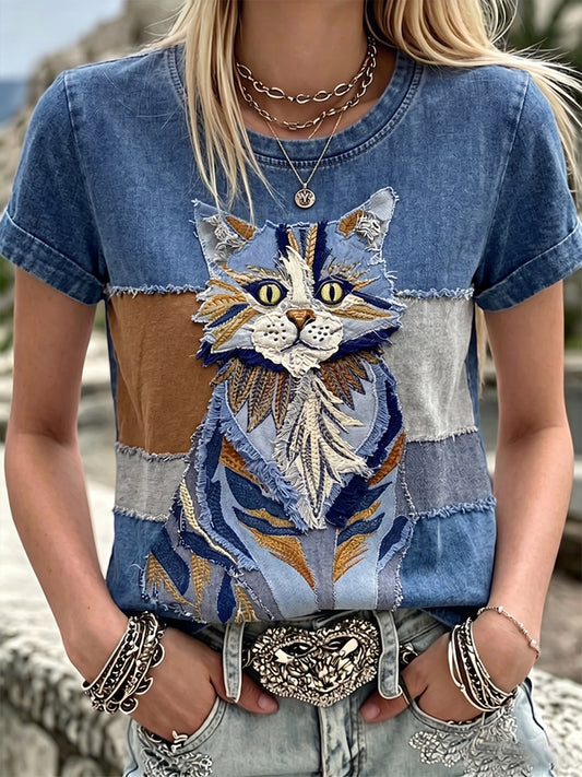 Femmes Vintage Fuzzy Cat Patchwork Art Coton Lin ras du cou à manches courtes Top