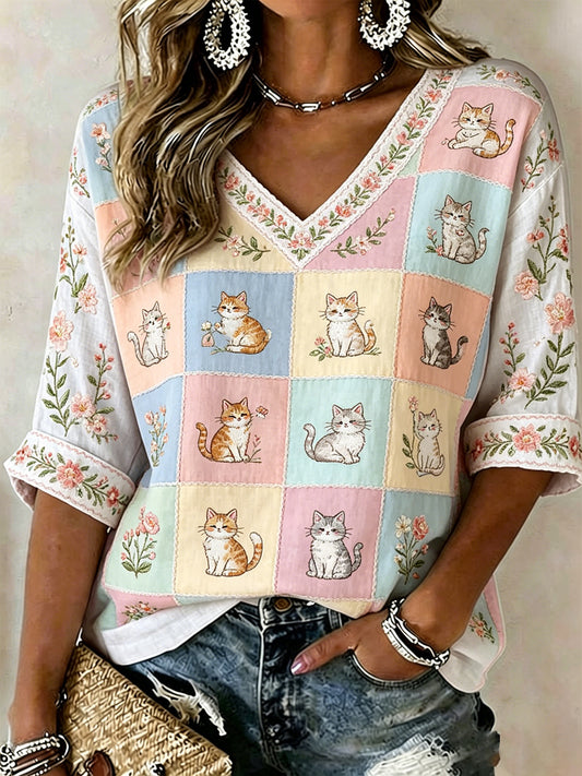 T-shirt décontracté pour femme avec imprimé mignon de chats, plantes et fleurs