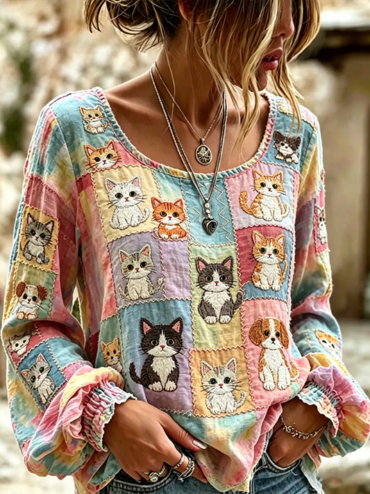 Femme Chat Chien Dessin Animé Art Épissage Coton Lin Col Ras Du Cou À Manches Longues Top