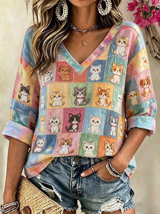 Chat chien dessin animé art épissé coton lin v-cou chemise des femmes
