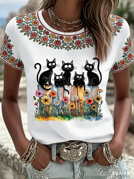 Femmes Mignon Floral Noir Chats Imprimer Casual Tee