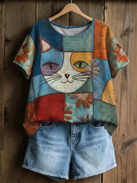 Top vintage pour femme en coton et lin, à manches courtes, motif patchwork avec tête de chat, style color-block