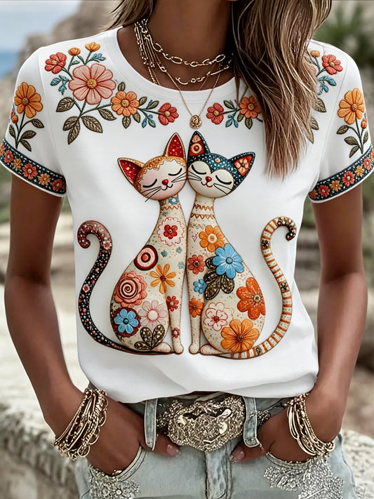 Tee-shirt décontracté à imprimé floral mignon pour femmes
