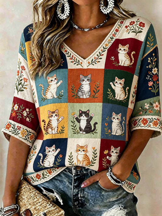 T-shirt décontracté pour femme avec imprimé mignon de chats, plantes et fleurs