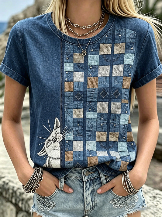 Femmes Vintage Mignon Chats Patchwork Coton Lin ras du cou à manches courtes Top