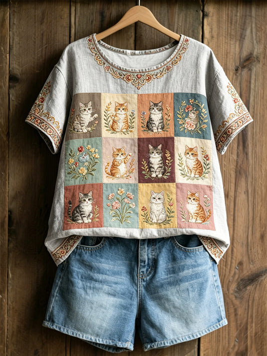 T-shirt décontracté pour femmes avec imprimé mignon de chats, plantes et fleurs